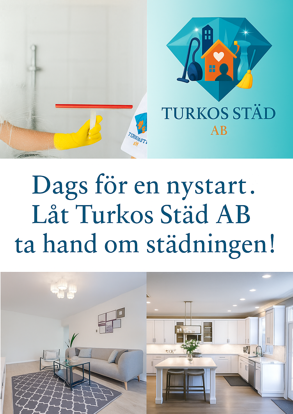 A man wearing yellow cleaning gloves, a white shirt, and a blue apron is cleaning a window with a spray bottle and a cloth. He is smiling and appears focused on the task. Indoor plants and a soft couch are visible in the background.